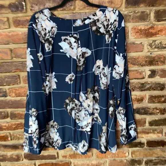 Junarose Navy Blue Floral Long Sleeve V-Neck Blouse Women's Plus Size 22 - Picture 7 of 7